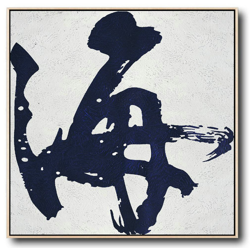 Extra Large Acrylic Painting On Canvas,Minimalist Navy Blue And White Painting,Big Wall Art For Living Room